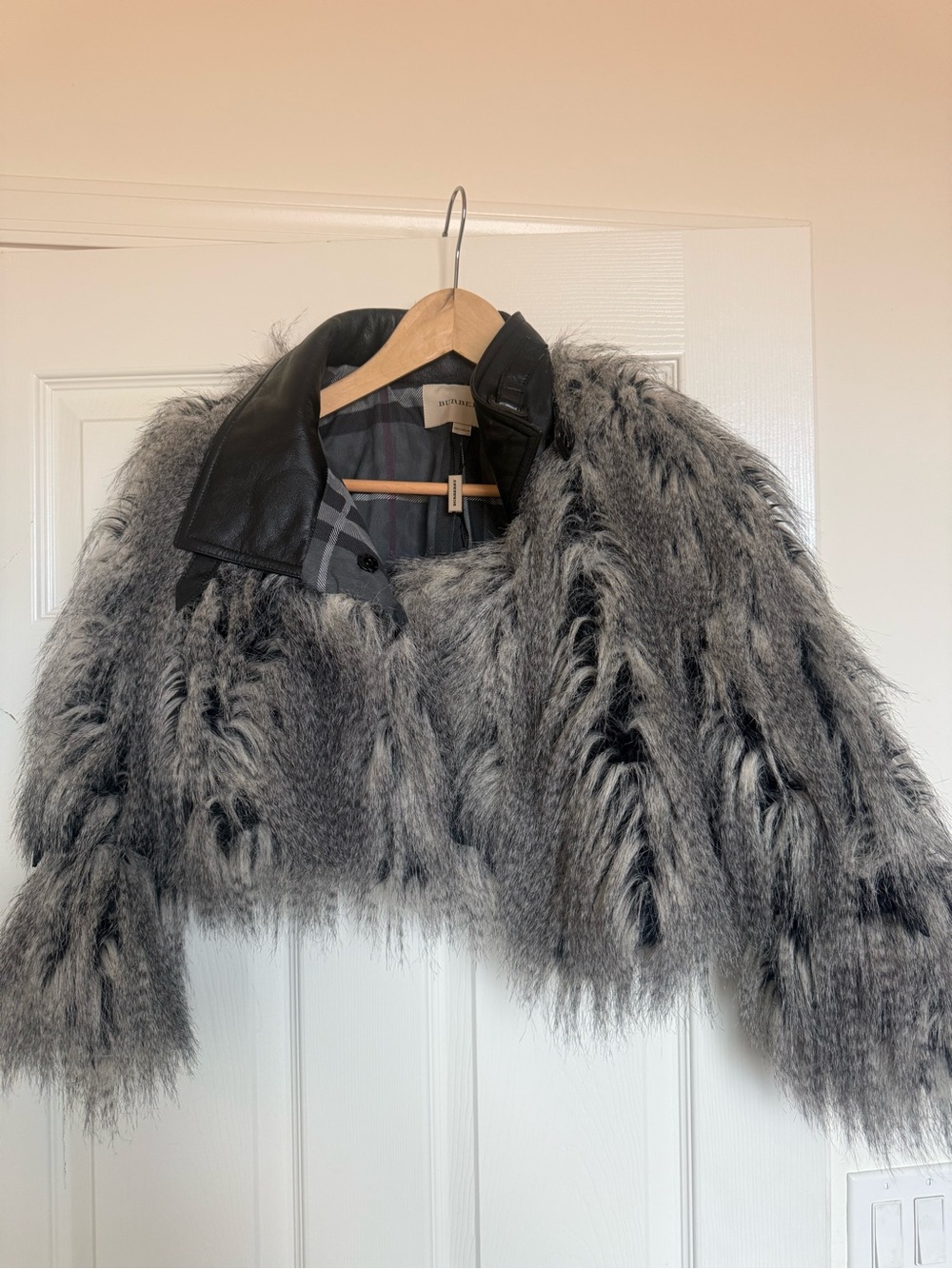 Burberry Gray Faux Fur Crop Jacket with Black Leather Collar